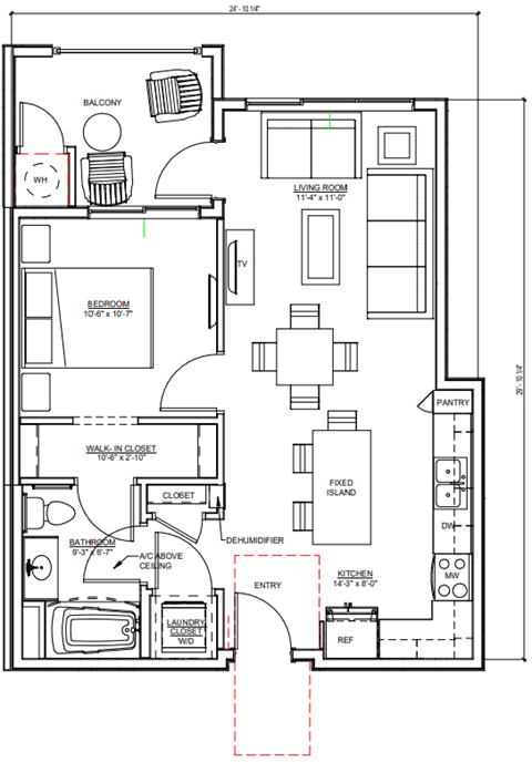 Floor plan for 1 bed, 1 bath, 604 sqft